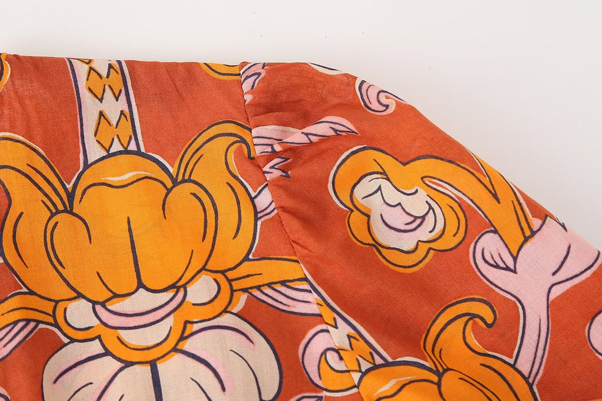 Tropical Print Puff-Sleeve Midi Dress