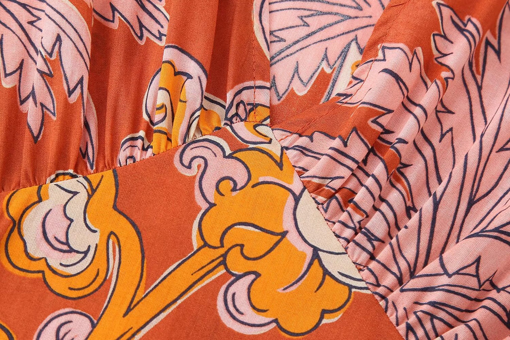 Tropical Print Puff-Sleeve Midi Dress