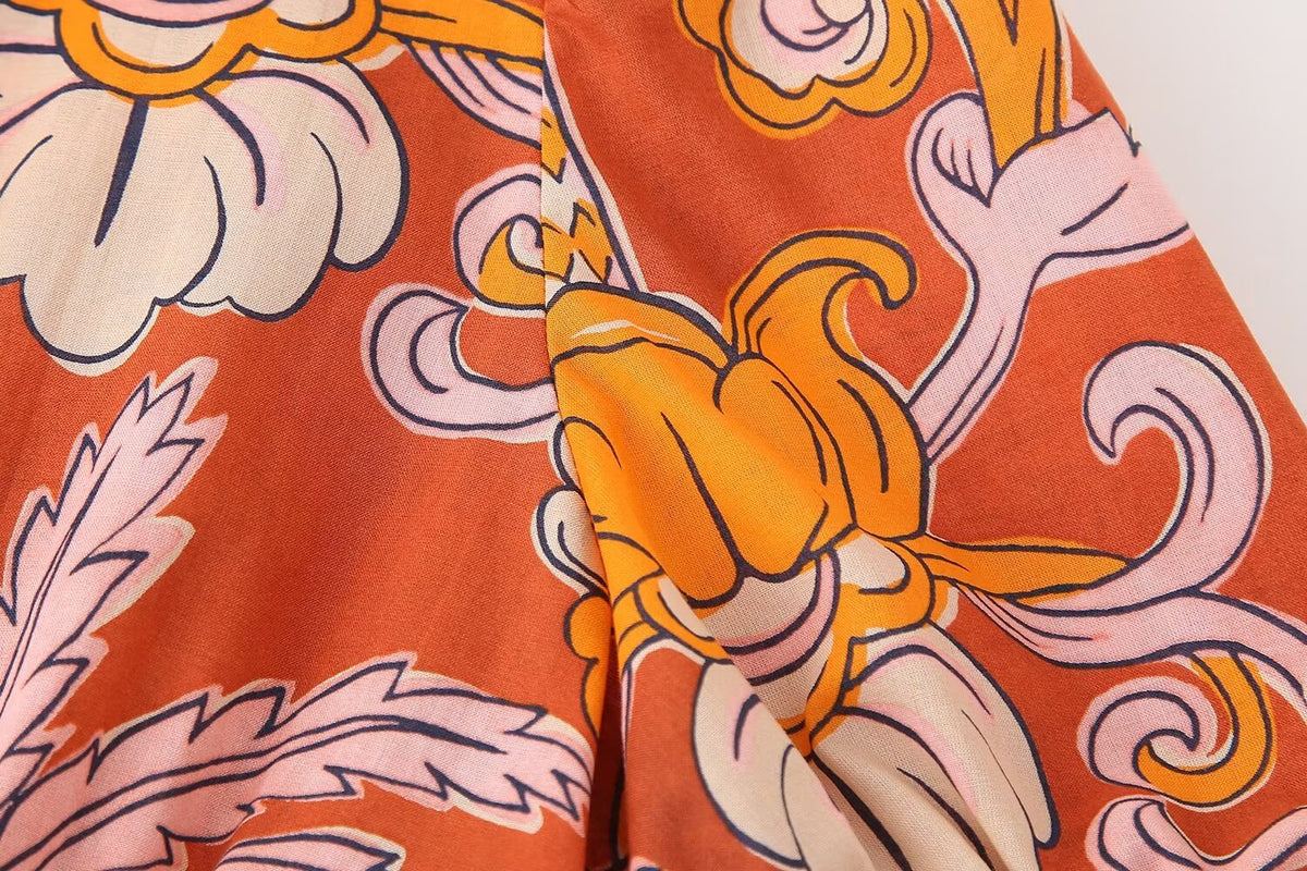 Tropical Print Puff-Sleeve Midi Dress