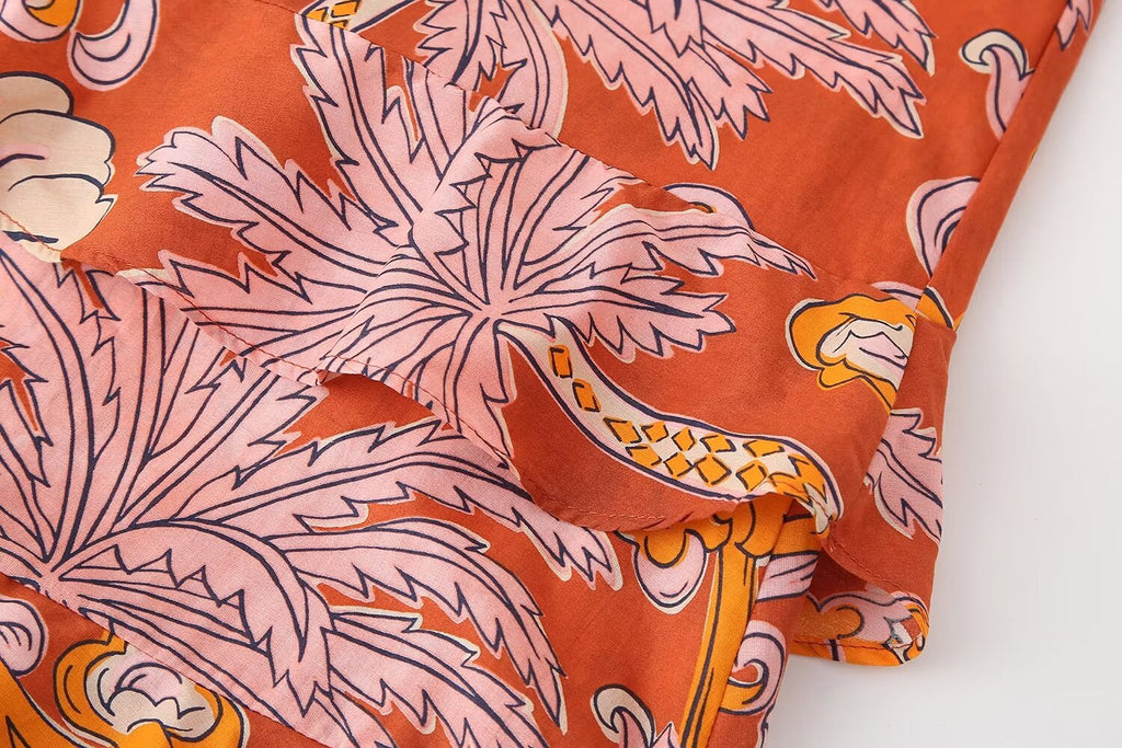 Tropical Print Puff-Sleeve Midi Dress