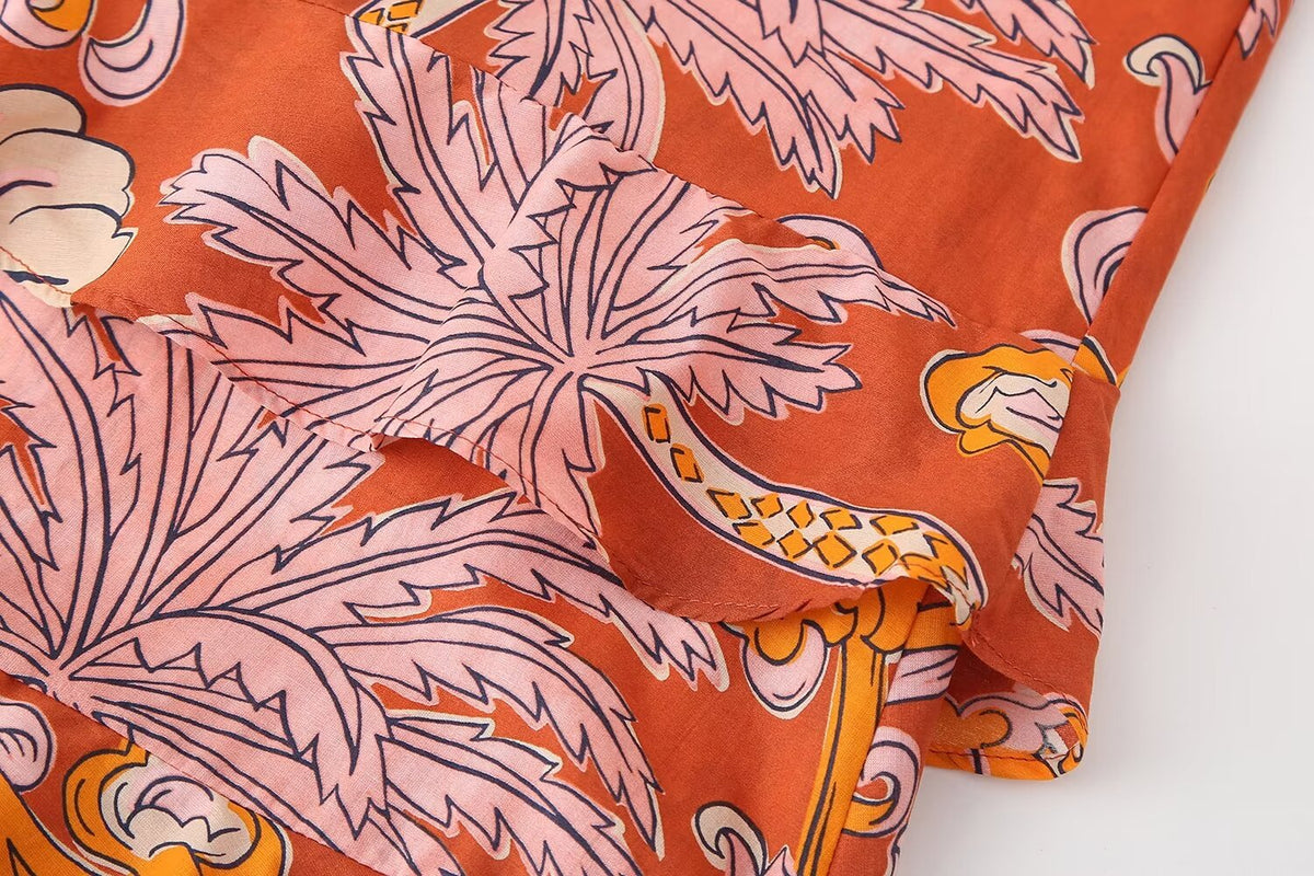 Tropical Print Puff-Sleeve Midi Dress