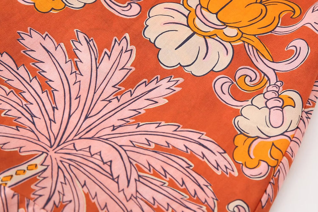 Tropical Print Puff-Sleeve Midi Dress