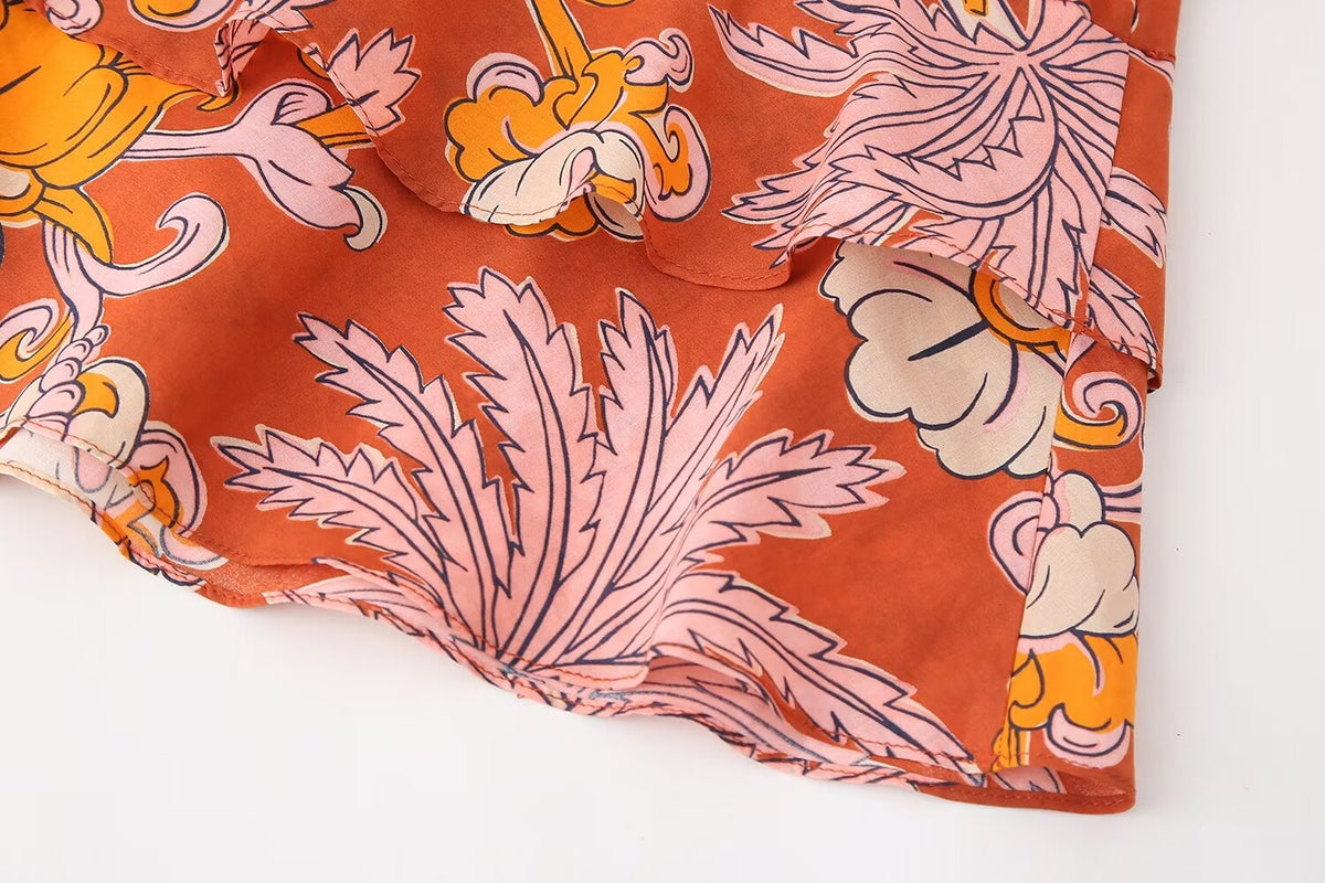 Tropical Print Puff-Sleeve Midi Dress