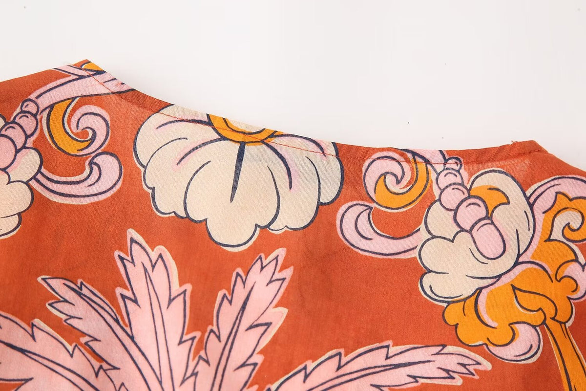 Tropical Print Puff-Sleeve Midi Dress