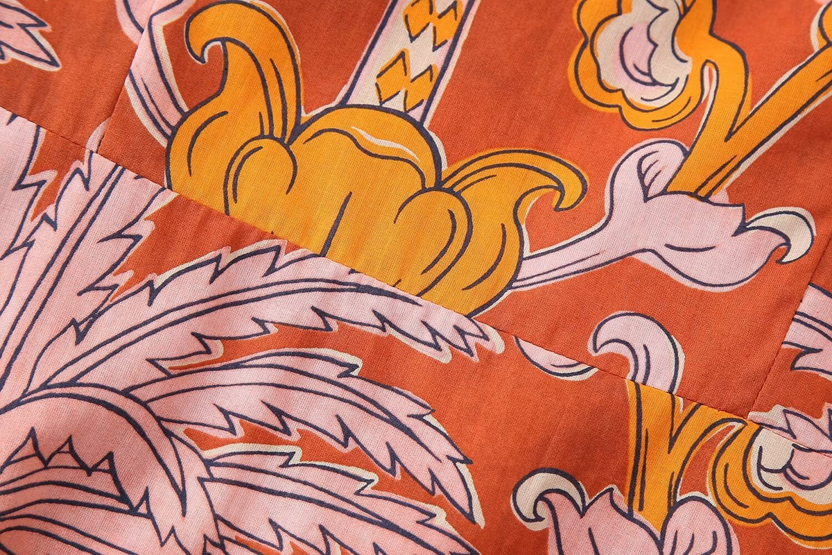 Tropical Print Puff-Sleeve Midi Dress