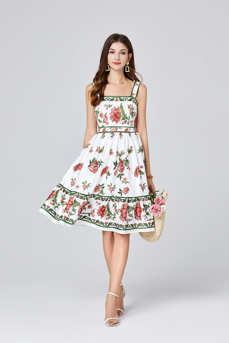 Floral Spaghetti-Strap A-Line Knee Dress
