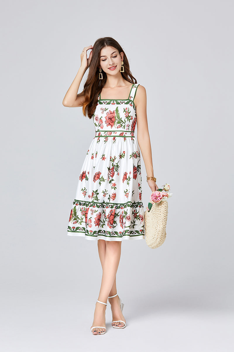 Floral Spaghetti-Strap A-Line Knee Dress