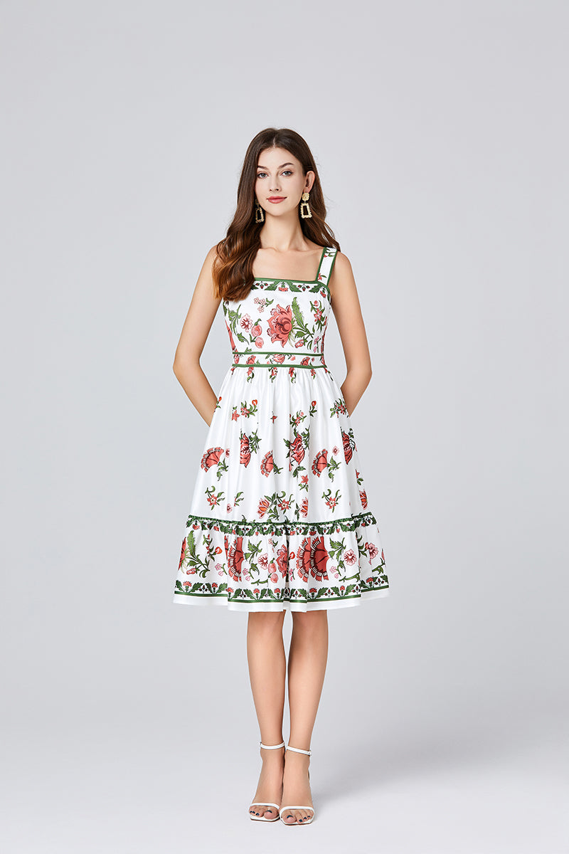 Floral Spaghetti-Strap A-Line Knee Dress