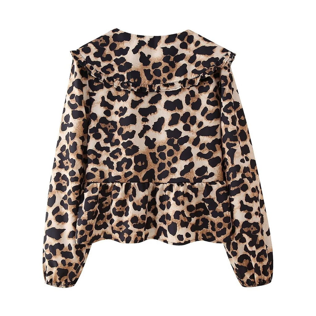 Women's Clothing Summer Animal Pattern Lace Up Peter Pan Collar Long Sleeve Shirt