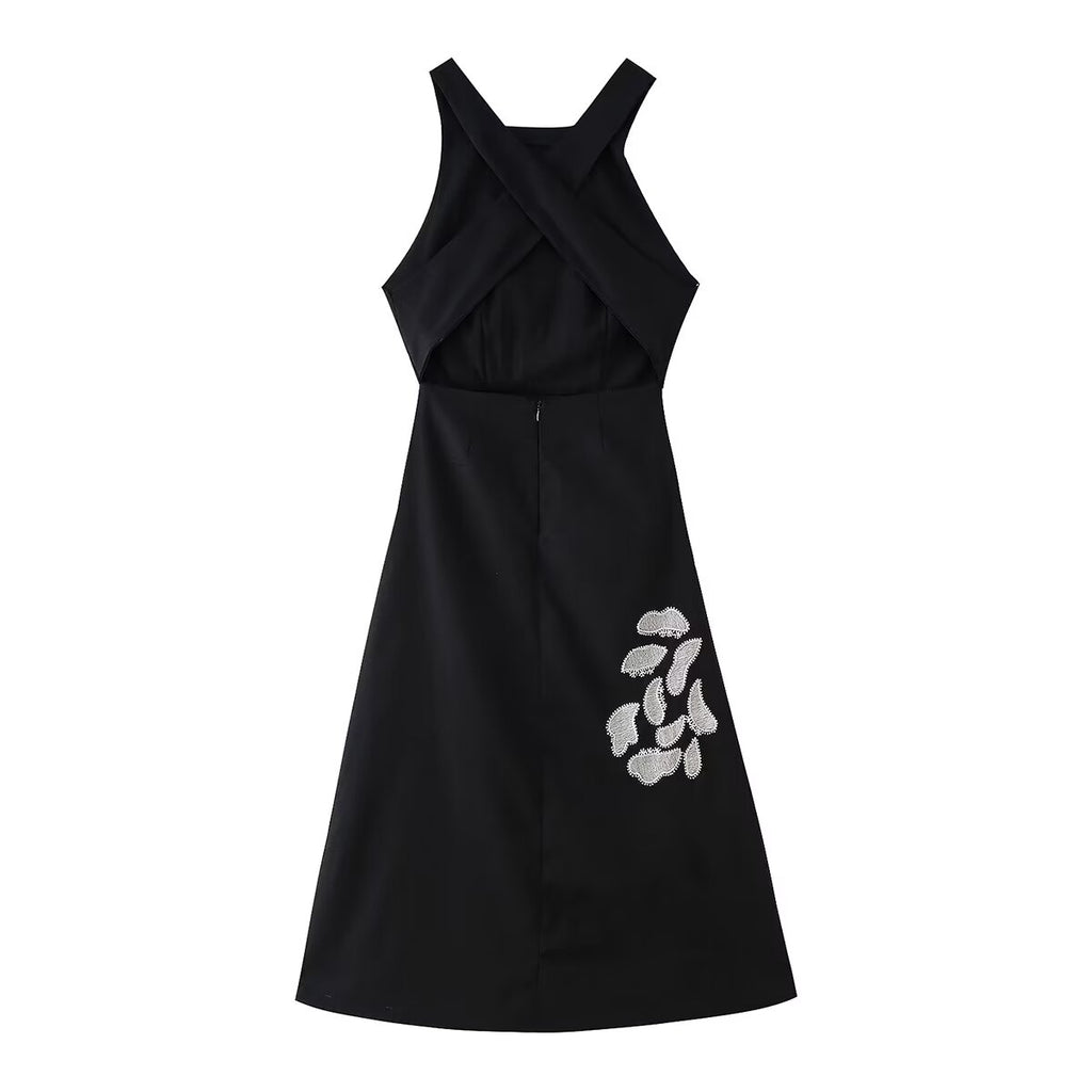 Floral Embroidered Cross-Back Midi Dress