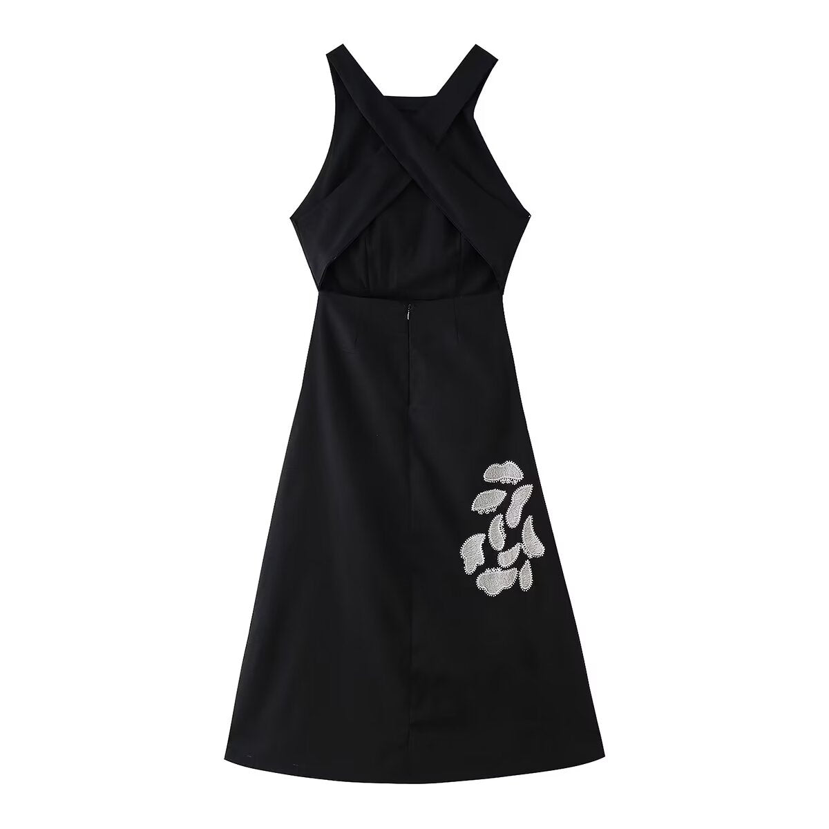Floral Embroidered Cross-Back Midi Dress