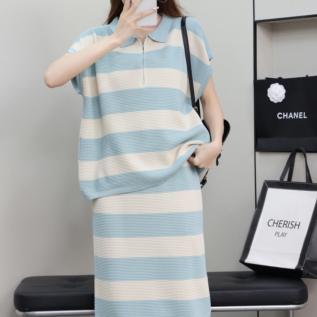 Women's Age Reducing Loose All Match Polo Collar Color Two-Piece Set