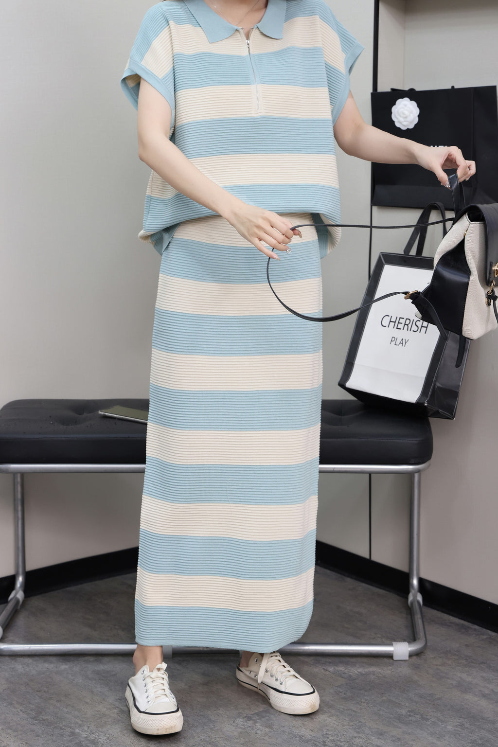 Women's Age Reducing Loose All Match Polo Collar Color Two-Piece Set