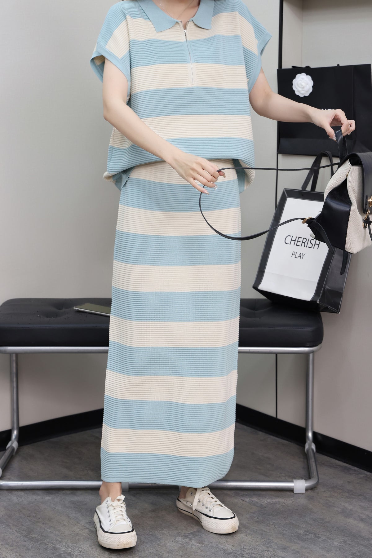 Women's Age Reducing Loose All Match Polo Collar Color Two-Piece Set