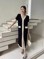 Women's Summer Simple Contrast Color V Neck Midi Single Dress