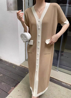 Women's Summer Simple Contrast Color V Neck Midi Single Dress