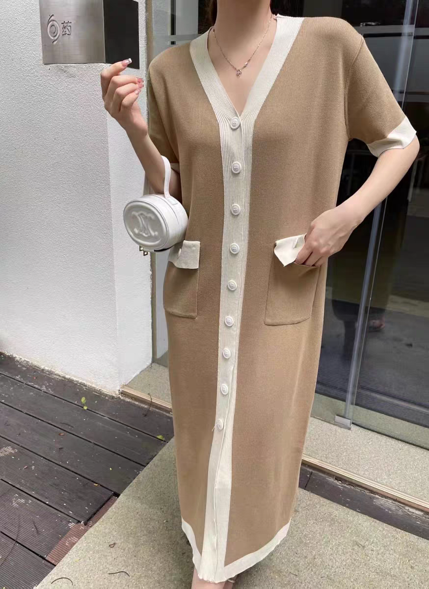 Women's Summer Simple Contrast Color V Neck Midi Single Dress