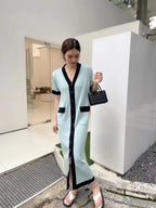Women's Summer Simple Contrast Color V Neck Midi Single Dress