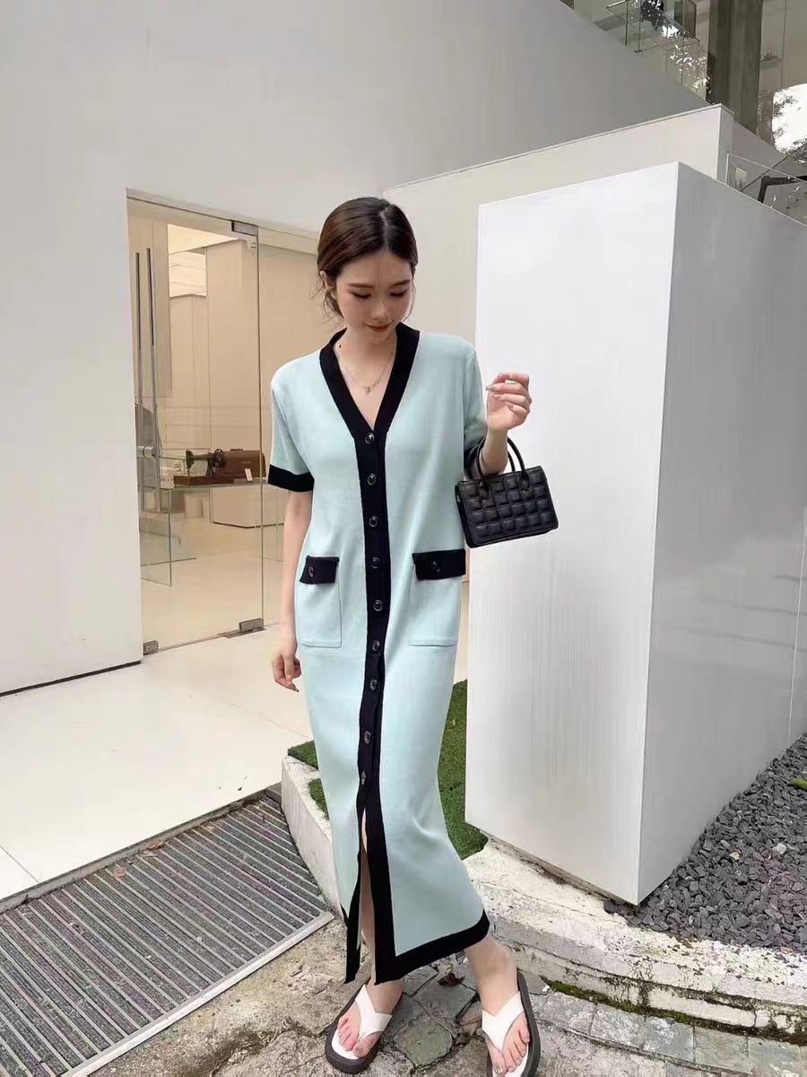 Women's Summer Simple Contrast Color V Neck Midi Single Dress