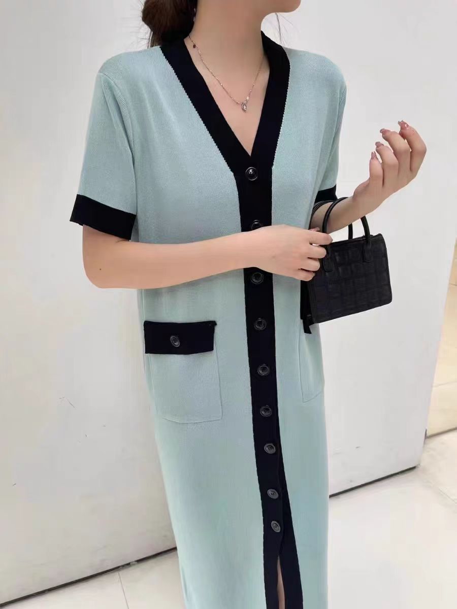 Women's Summer Simple Contrast Color V Neck Midi Single Dress