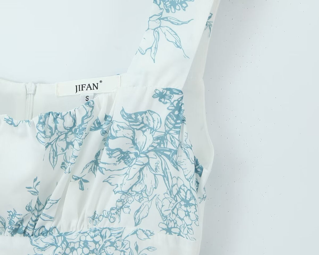 Landscape-Print Square-Neck Slip Dress