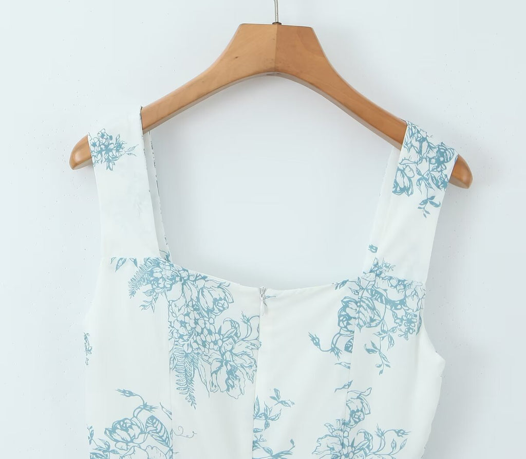 Landscape-Print Square-Neck Slip Dress