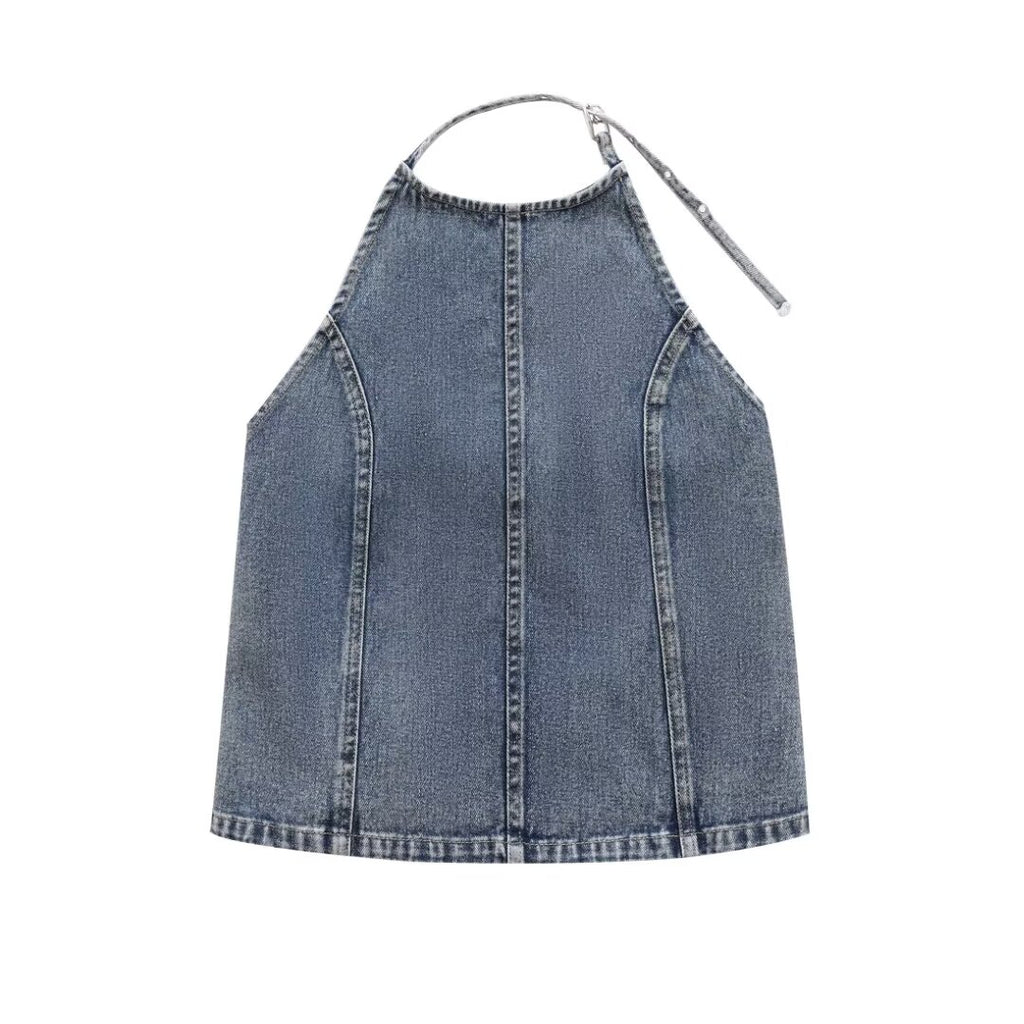 's Street Backless Denim Hanging Collar Top