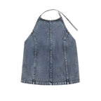 's Street Backless Denim Hanging Collar Top