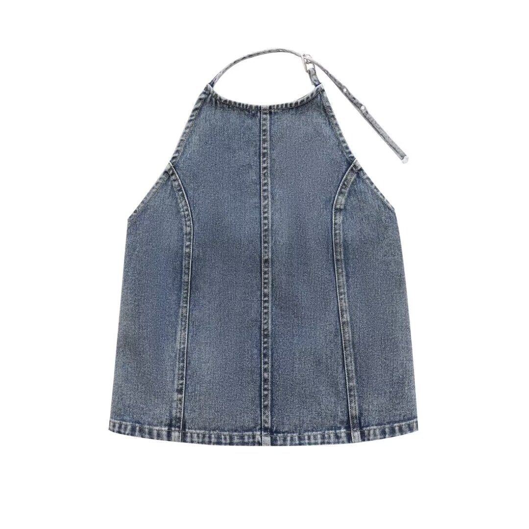 's Street Backless Denim Hanging Collar Top