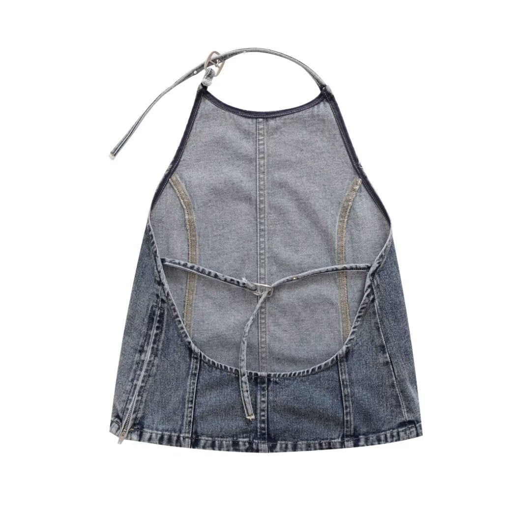 's Street Backless Denim Hanging Collar Top