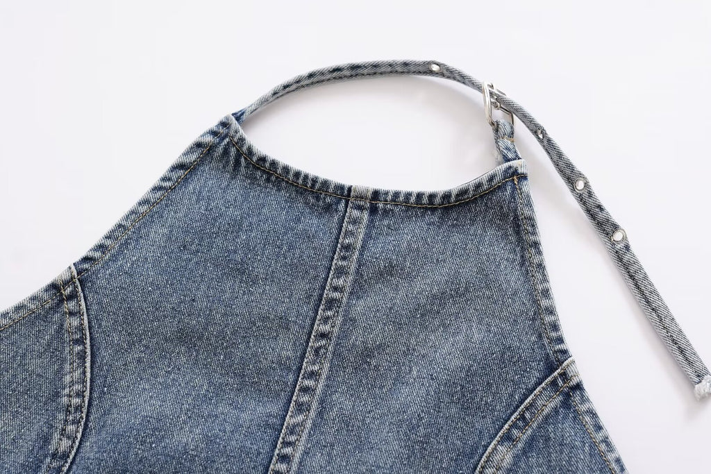 's Street Backless Denim Hanging Collar Top