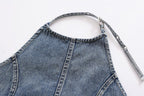 's Street Backless Denim Hanging Collar Top