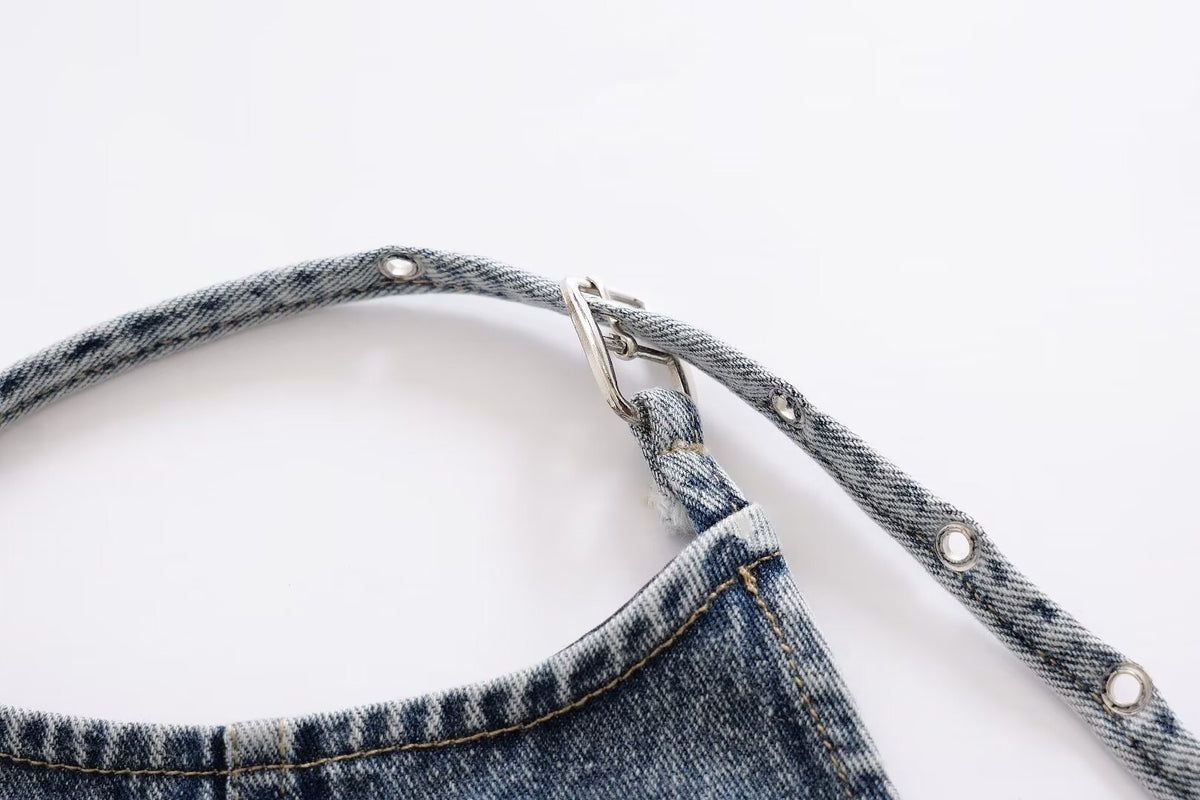 's Street Backless Denim Hanging Collar Top