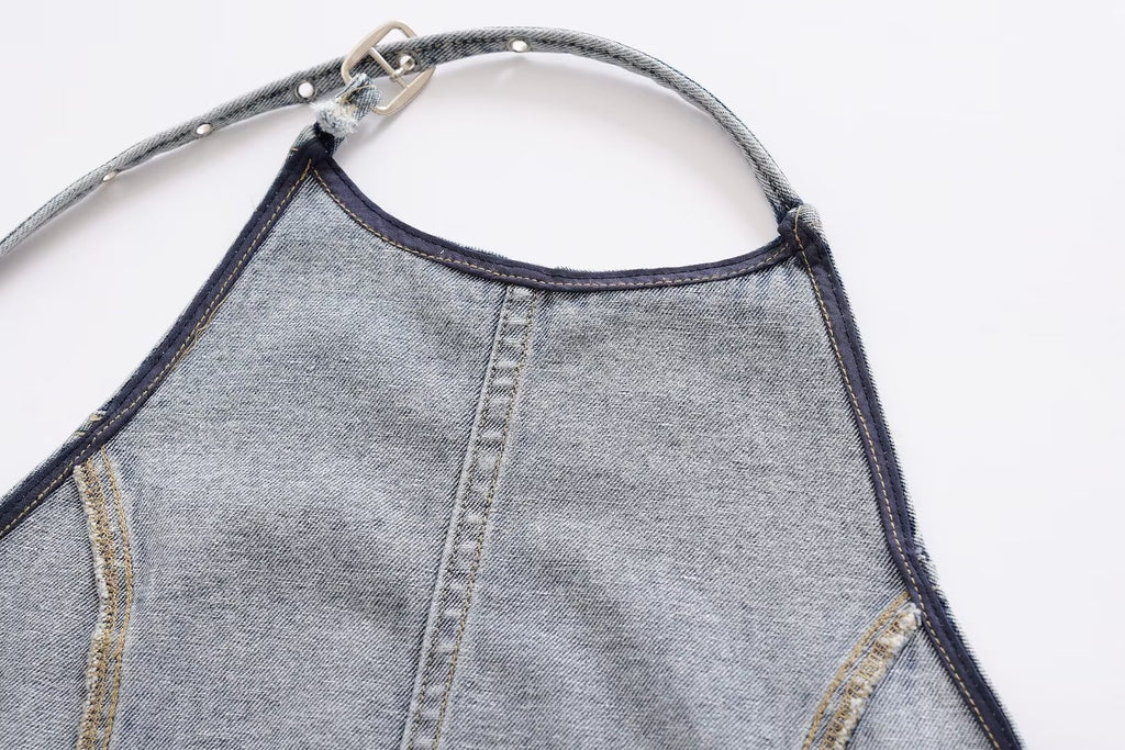 's Street Backless Denim Hanging Collar Top