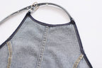 's Street Backless Denim Hanging Collar Top