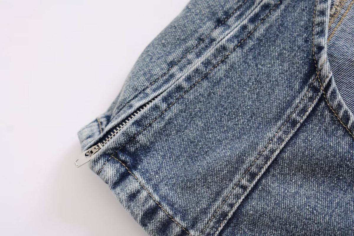's Street Backless Denim Hanging Collar Top