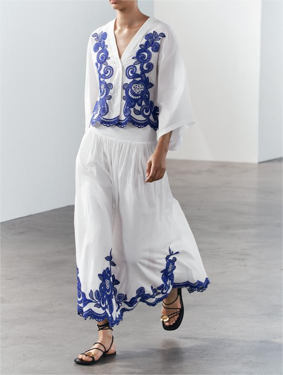 Women's Autumn Contrast Embroidered Shirt And Skirt Two-Piece Set