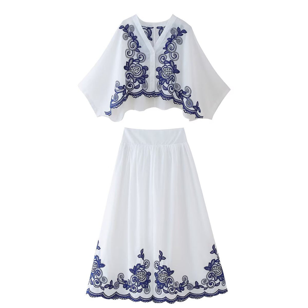 Women's Autumn Contrast Embroidered Shirt And Skirt Two-Piece Set