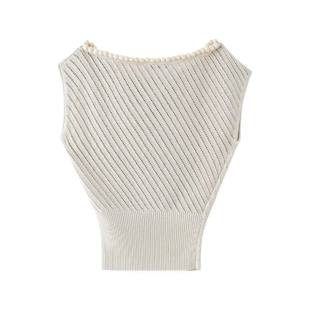 Women’s Ivory Jacquard Beaded Asymmetric Knit Top