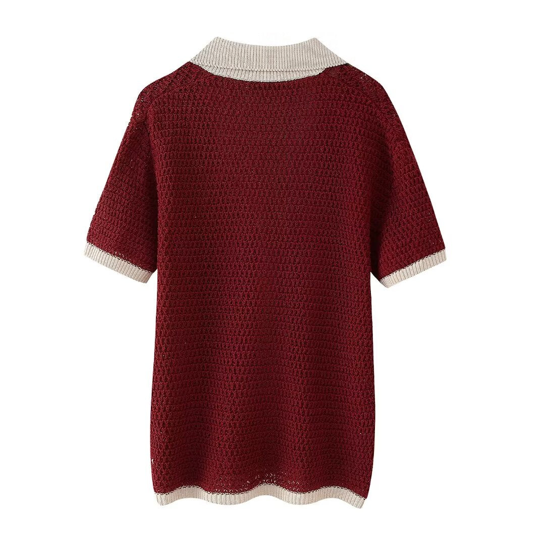 Women's Summer Simple Contrast Color Collared Knitted Polo Shirt Single Breasted Women Clothing