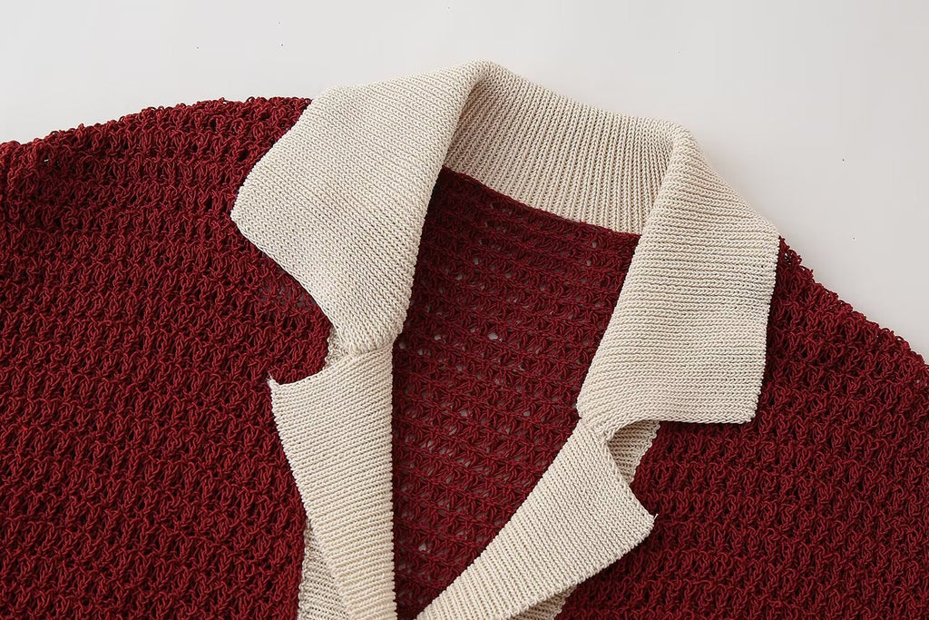 Women's Summer Simple Contrast Color Collared Knitted Polo Shirt Single Breasted Women Clothing