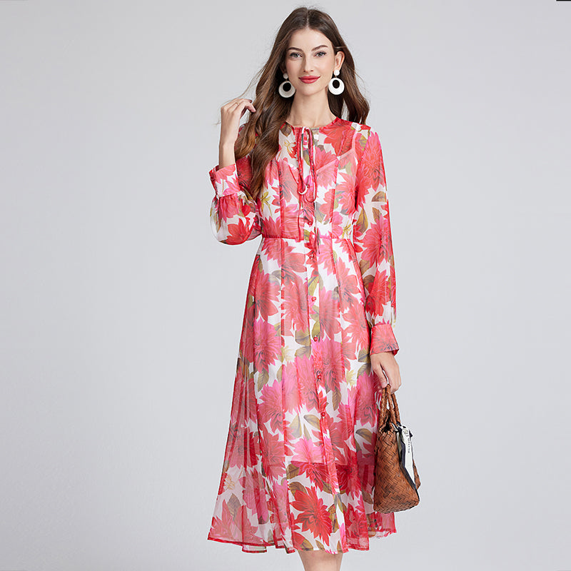 Women's Red Floral Print Dress Set