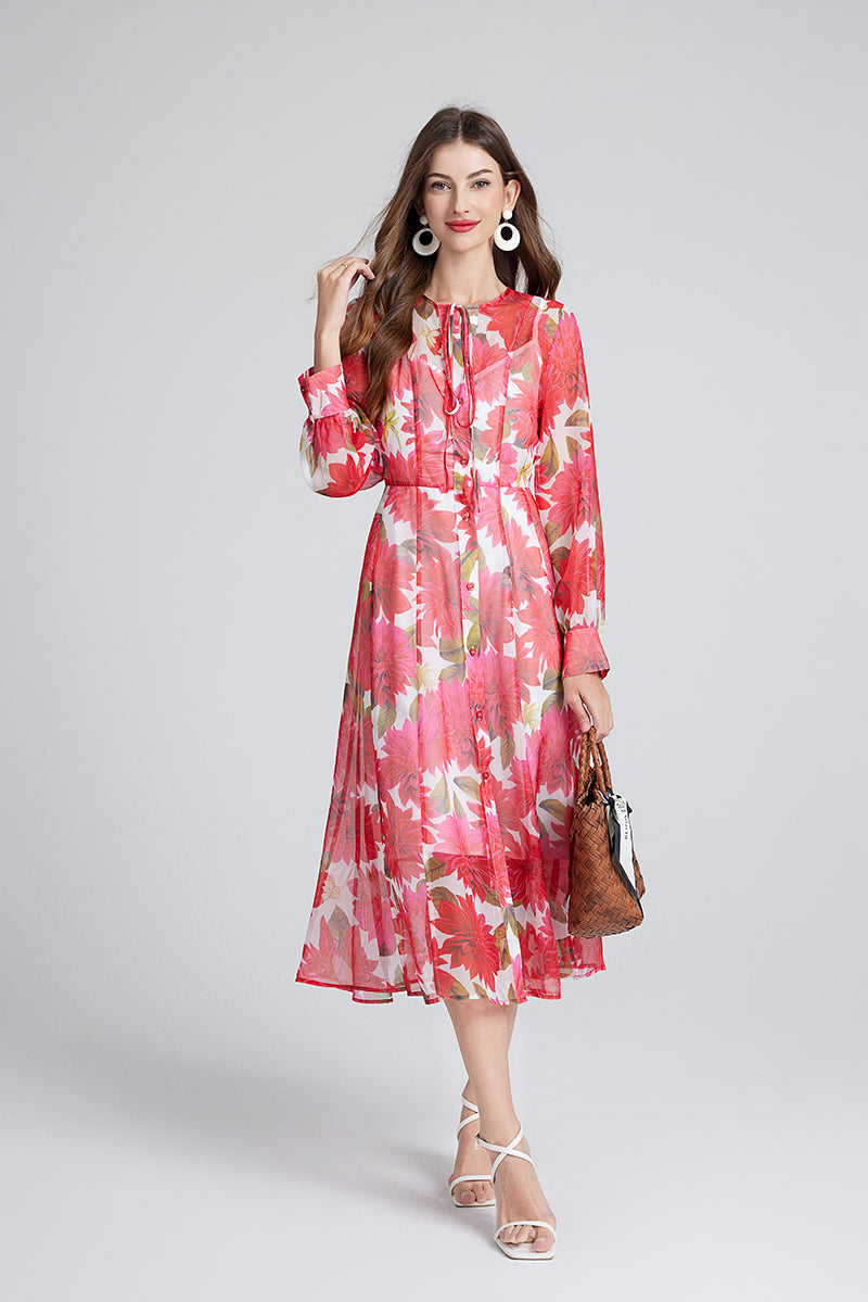 Women's Red Floral Print Dress Set
