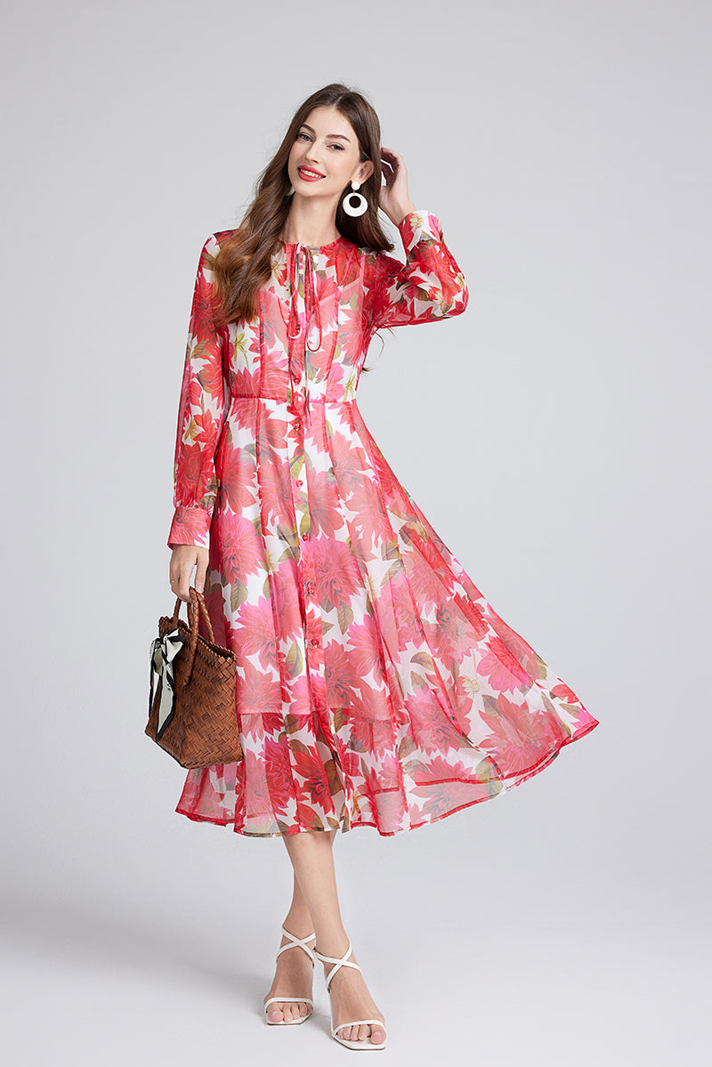 Women's Red Floral Print Dress Set