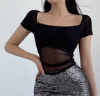 Women's Sheer Mesh Ruched Square Neck Crop Top
