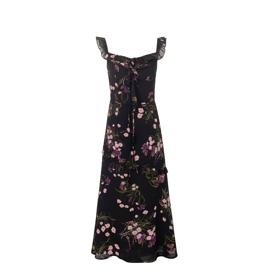 Women's Floral Ruffle Square-Neck A-Line Midi Dress