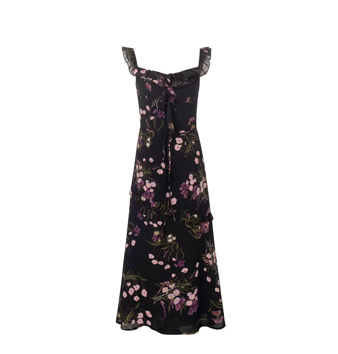 Women's Floral Ruffle Square-Neck A-Line Midi Dress