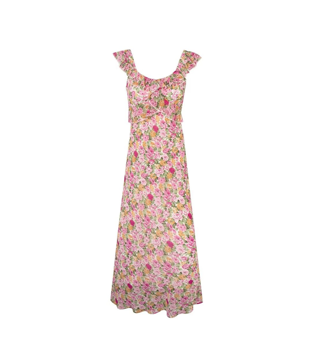 Women's French Floral Design Ruffled Stitching Dress Summer Slim A Line Vacation Dress Cami Dress