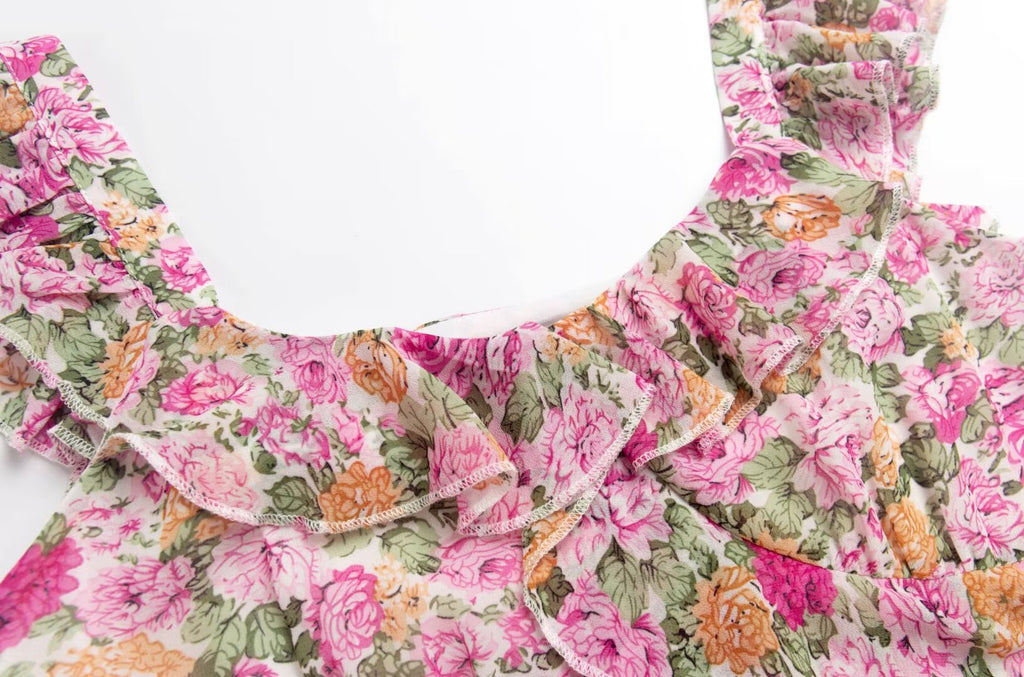 Women's French Floral Design Ruffled Stitching Dress Summer Slim A Line Vacation Dress Cami Dress