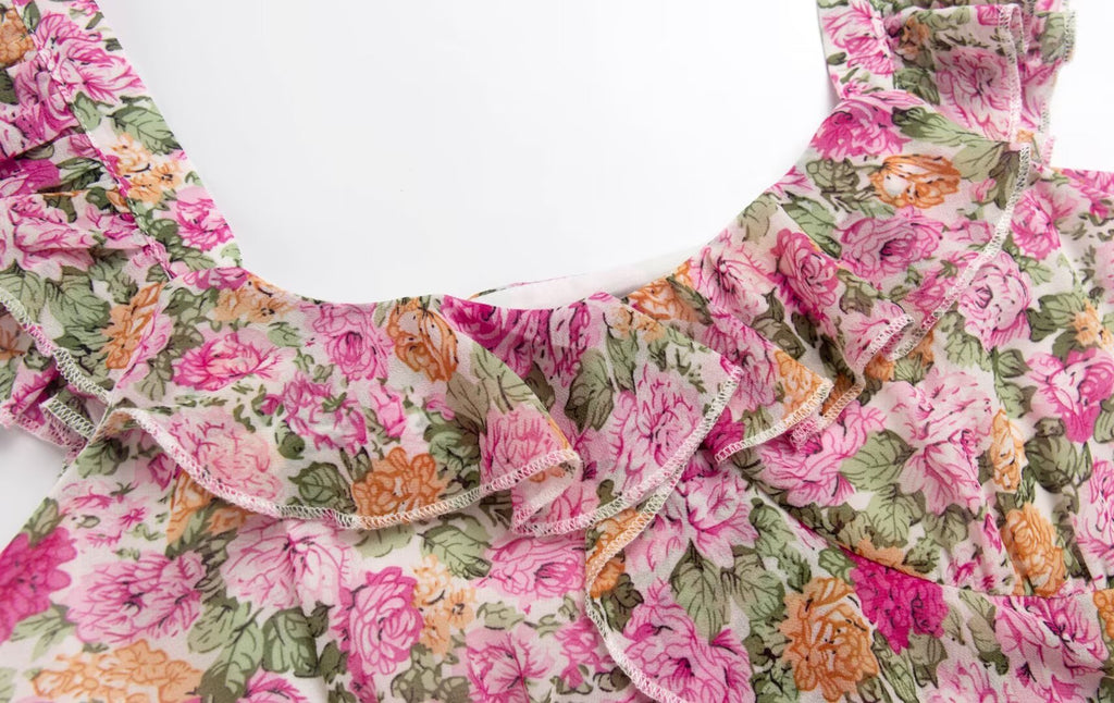 Women's French Floral Design Ruffled Stitching Dress Summer Slim A Line Vacation Dress Cami Dress